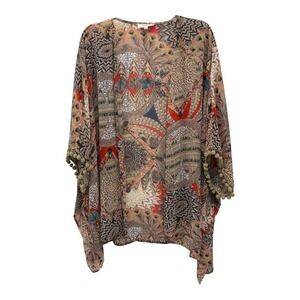 Umgee Kimono Cardigan‎ M/L Boho Peacock Feather Tribal Pom Pom Trim